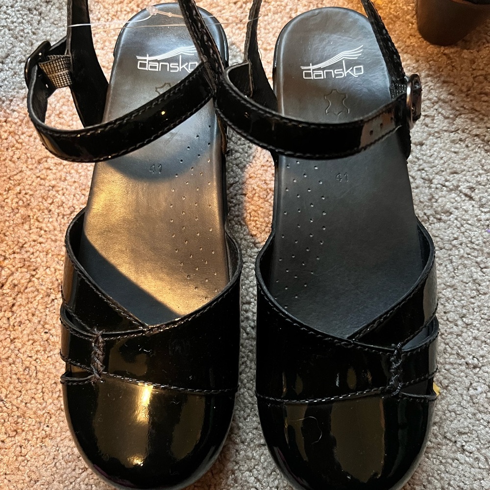 Dansko Black Mules and Clogs with Glossy Finish and Padded Footbed